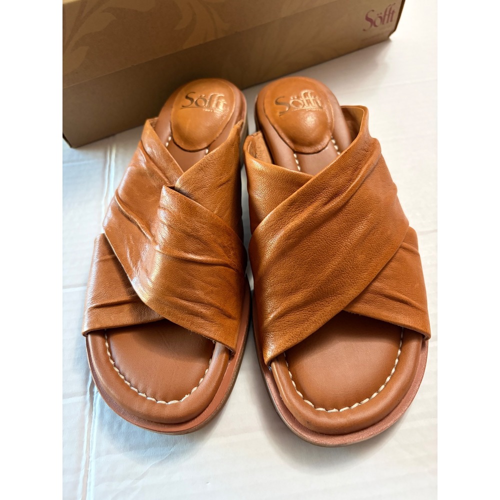 Sofft Fallon Luggage Leather Criss Cross Slide Sandals NIB Size 7.5 M